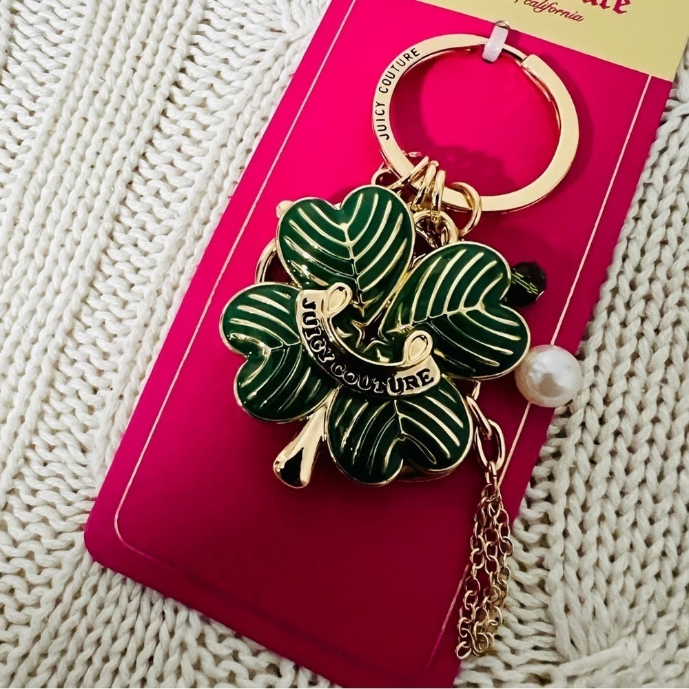 Juicy Couture New Lucky Clover Charm Keychain Gold and Green Accents Pearl